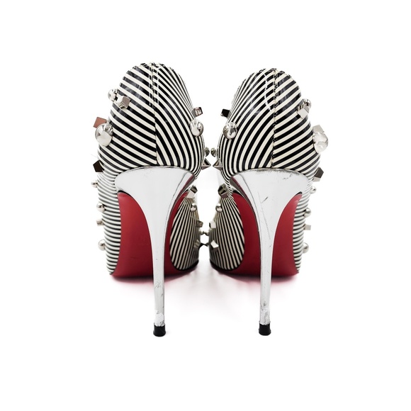 Christian Louboutin Black White Striped Patent Leather Studded Heels EU 38.5 - Picture 6 of 8